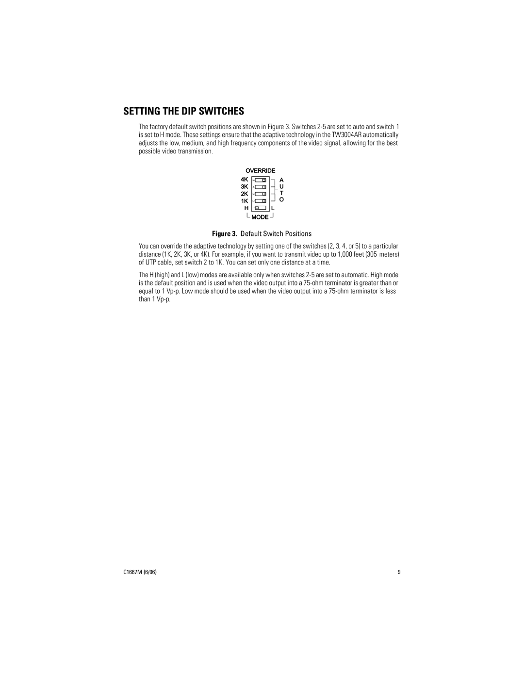 Pelco TW3004AR manual Setting the DIP Switches, Default Switch Positions 