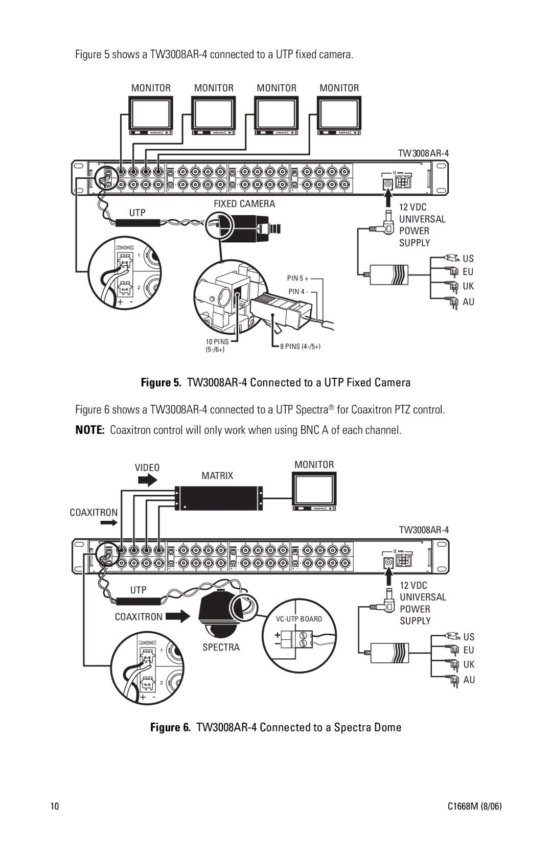 Pelco manual Shows a TW3008AR-4 connected to a UTP fixed camera 