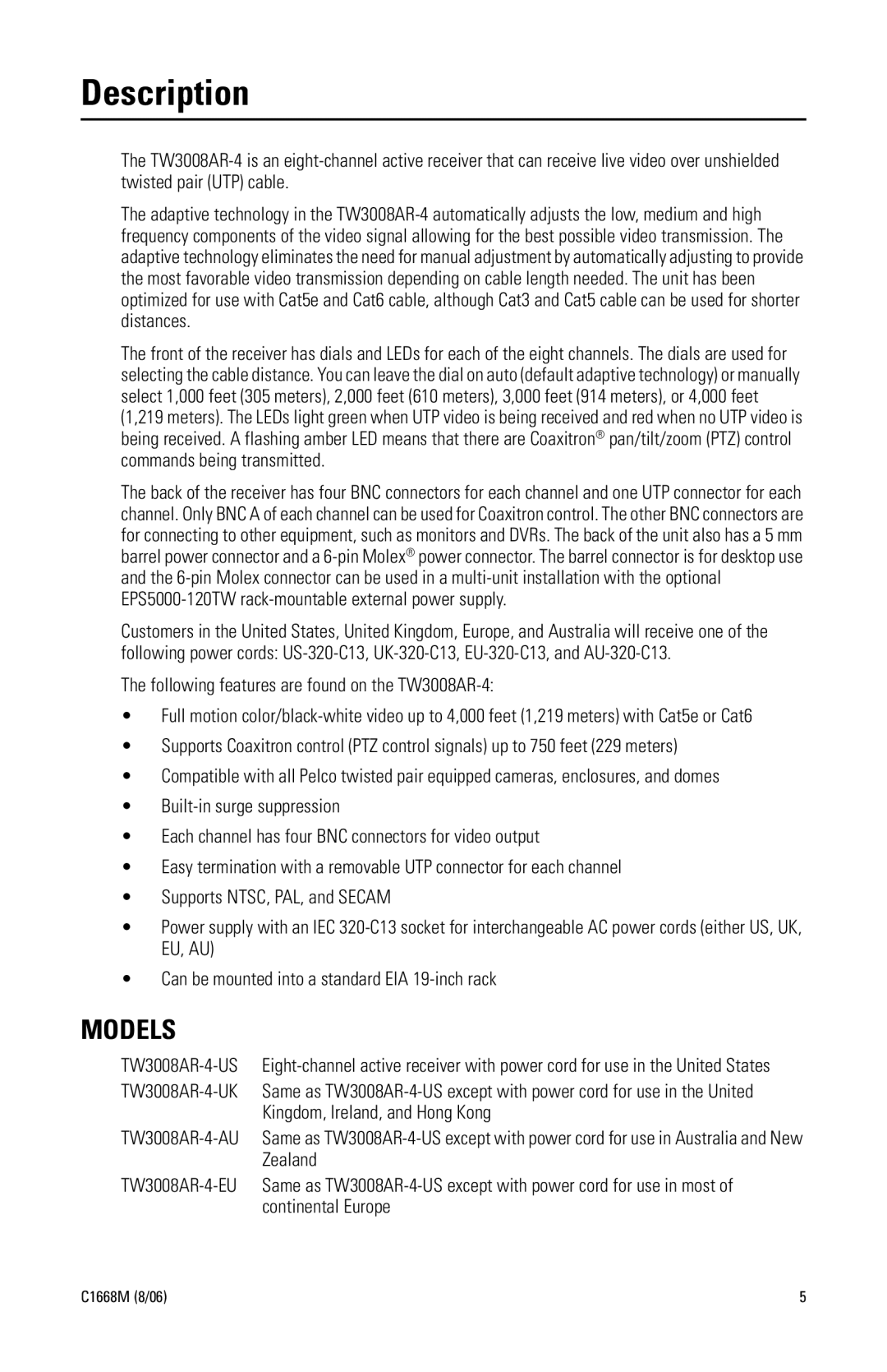 Pelco TW3008AR-4 manual Description, Models 