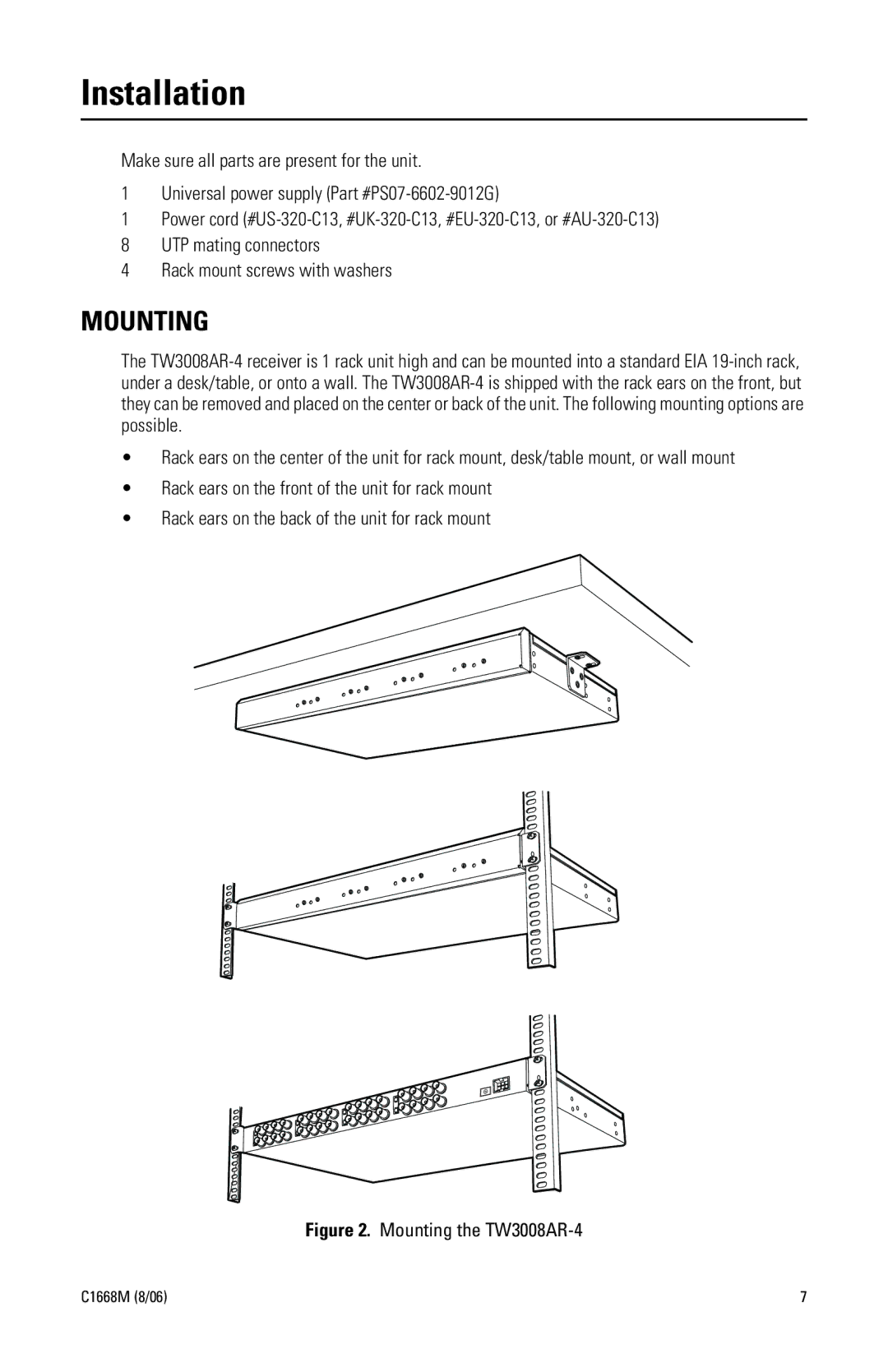 Pelco TW3008AR-4 manual Installation, Mounting 