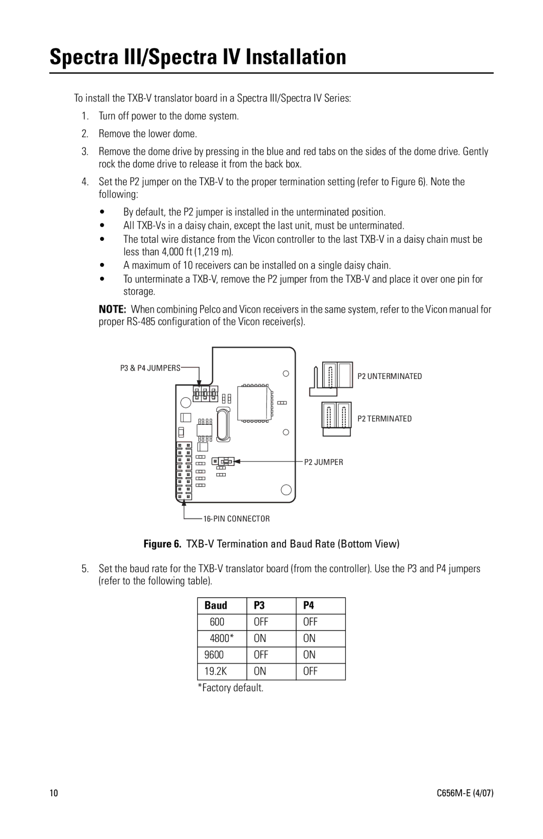 Pelco TXB-V manual Spectra III/Spectra IV Installation, Baud 