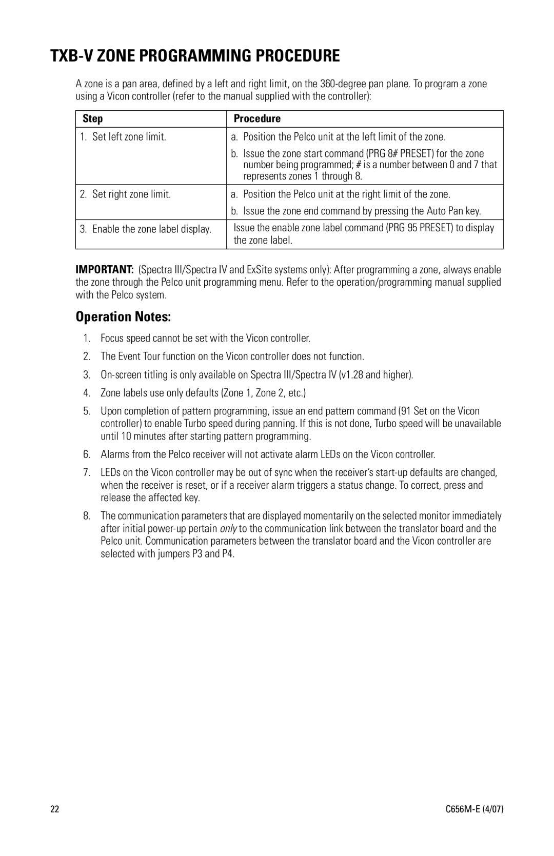 Pelco manual TXB-V Zone Programming Procedure, Step Procedure 