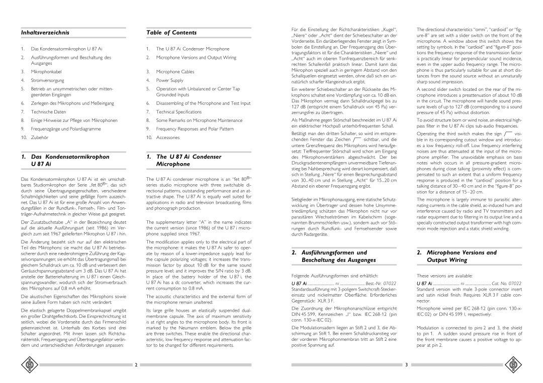 Pelco U 87 AI operating instructions Inhaltsverzeichnis, Table of Contents, Microphone Versions and Output Wiring 