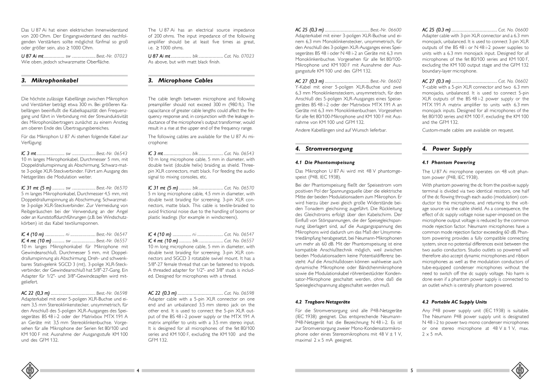 Pelco U 87 AI operating instructions Mikrophonkabel, Microphone Cables, Stromversorgung, Power Supply 