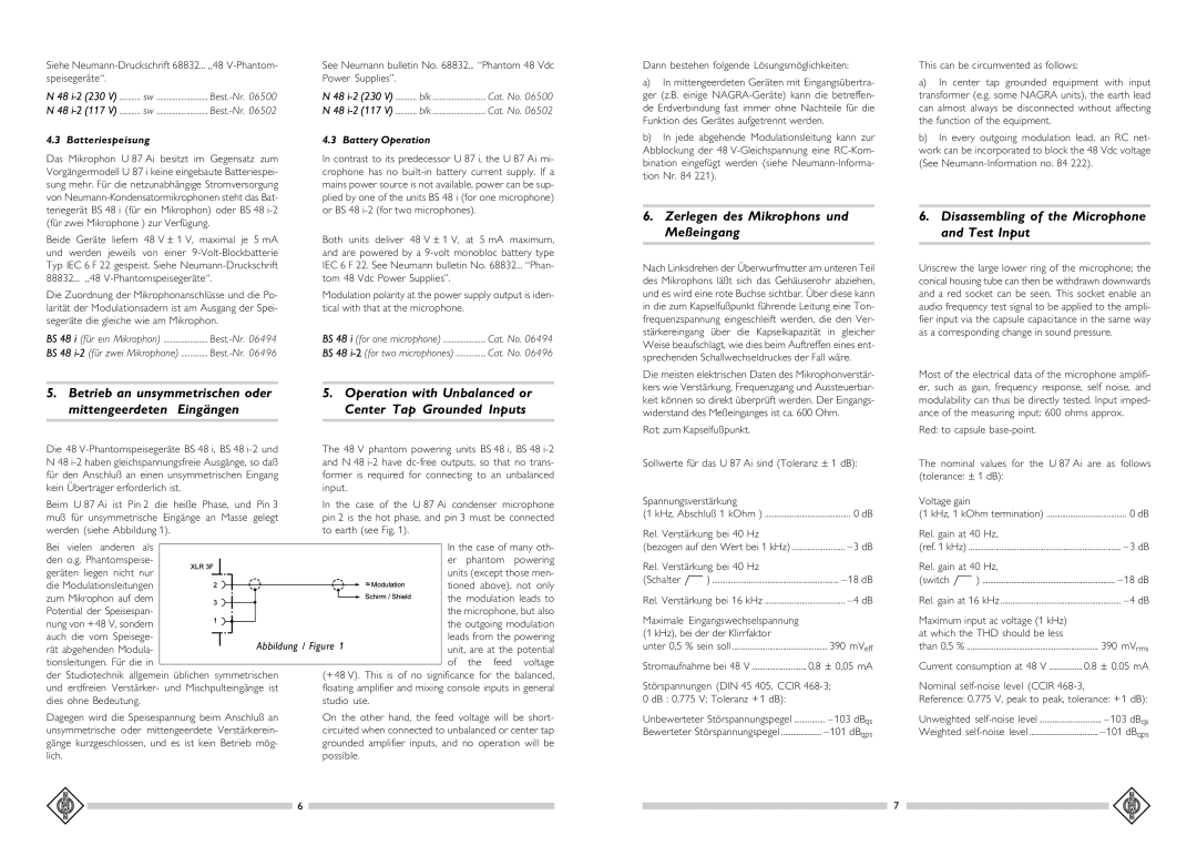 Pelco U 87 AI Zerlegen des Mikrophons und Meßeingang, Disassembling of the Microphone and Test Input, Batteriespeisung 