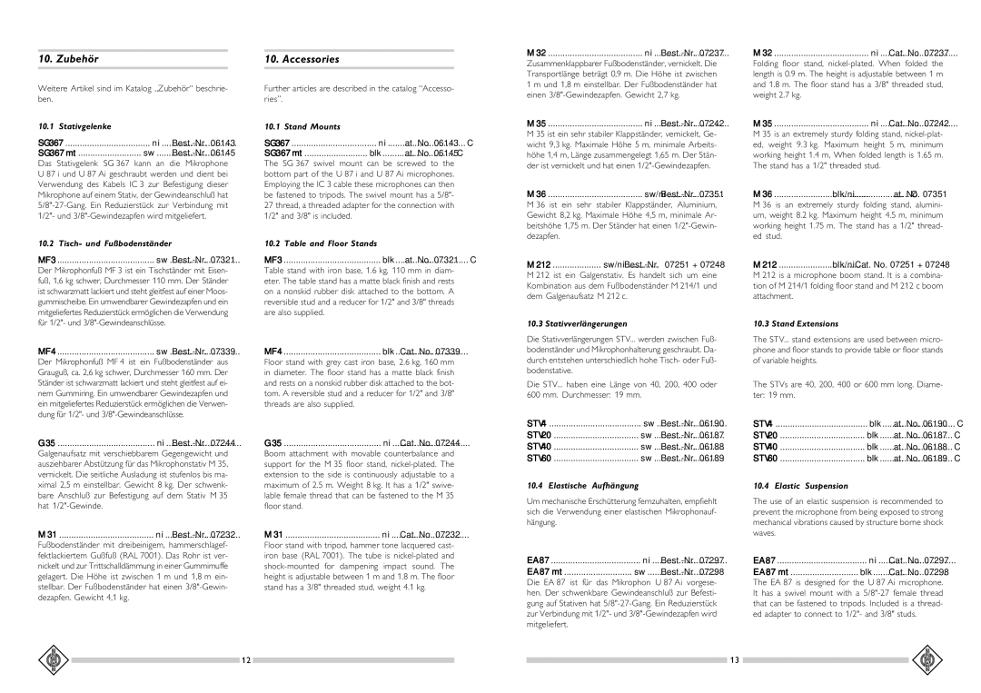 Pelco U 87 AI operating instructions Zubehör, Accessories 