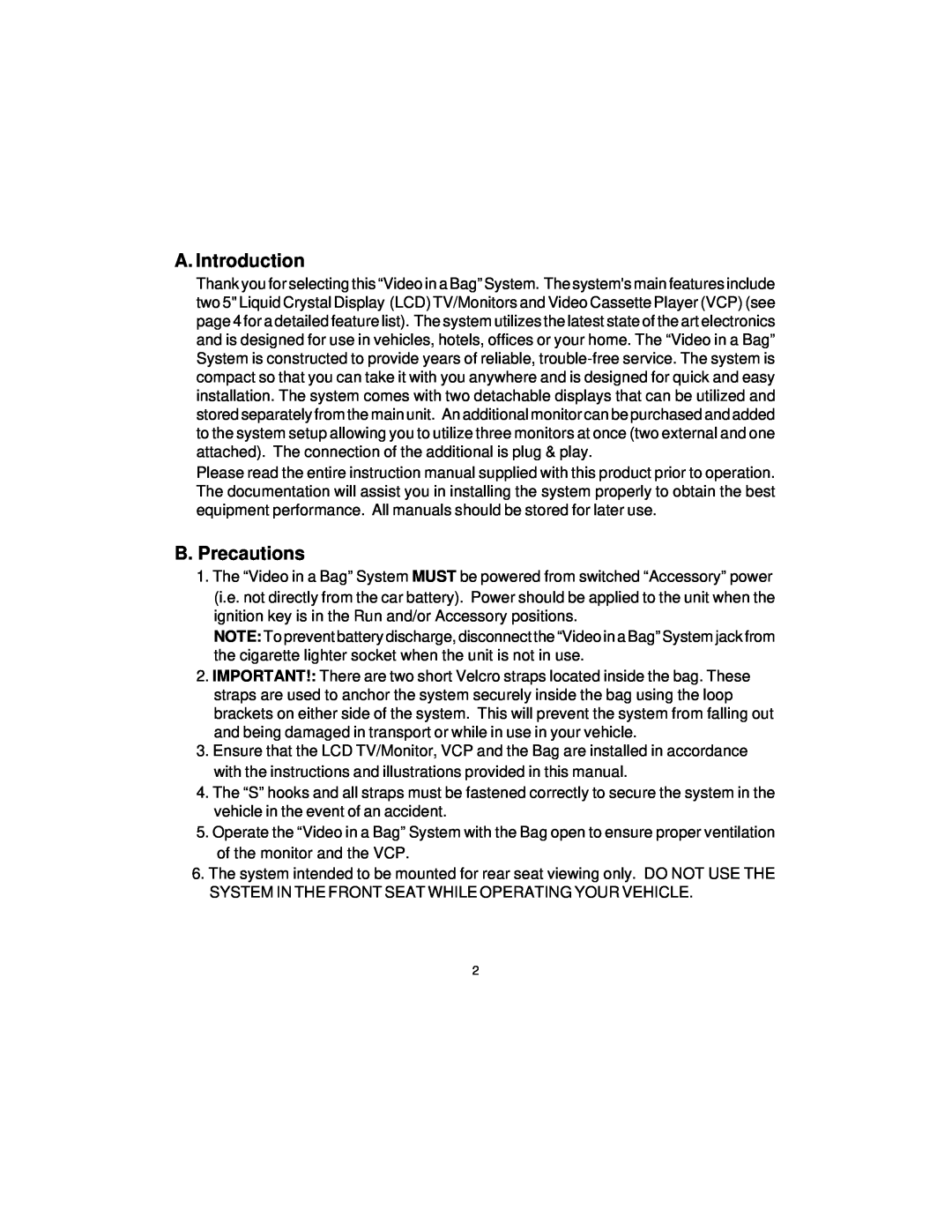 Pelco VBP3000 manual A. Introduction, B. Precautions 