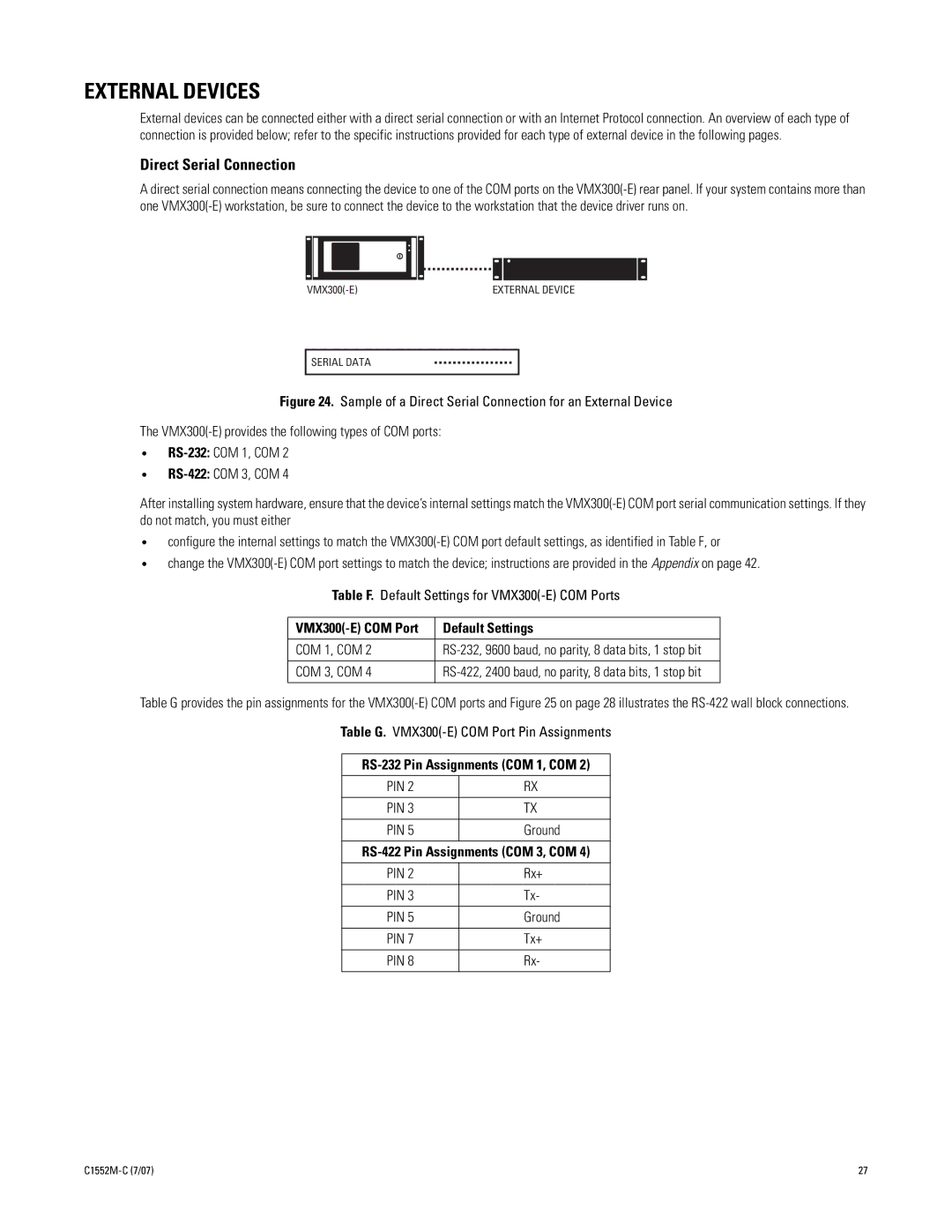 Pelco VMX300-E installation manual External Devices, Direct Serial Connection 