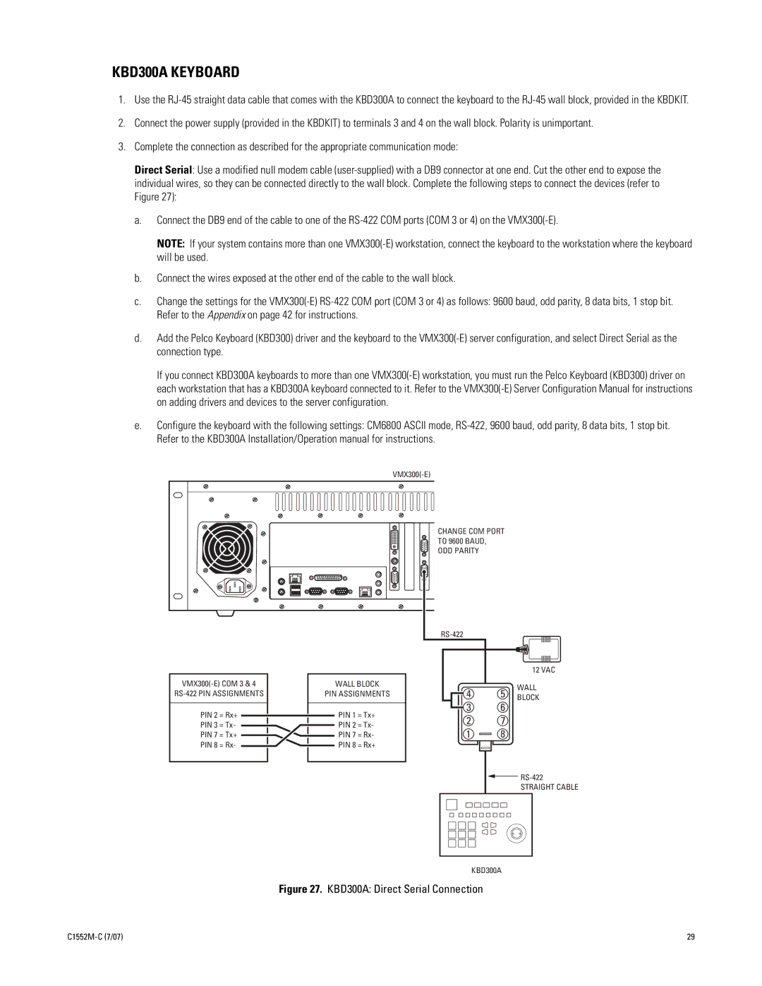 Pelco VMX300-E installation manual KBD300A Keyboard, KBD300A Direct Serial Connection 