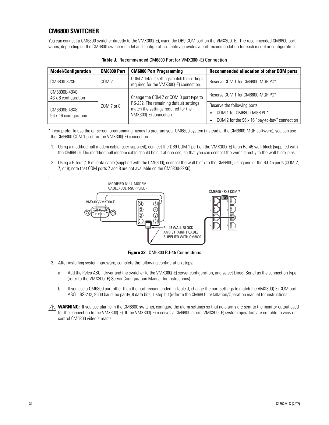 Pelco VMX300-E installation manual CM6800 Switcher, CM6800 Port Programming 