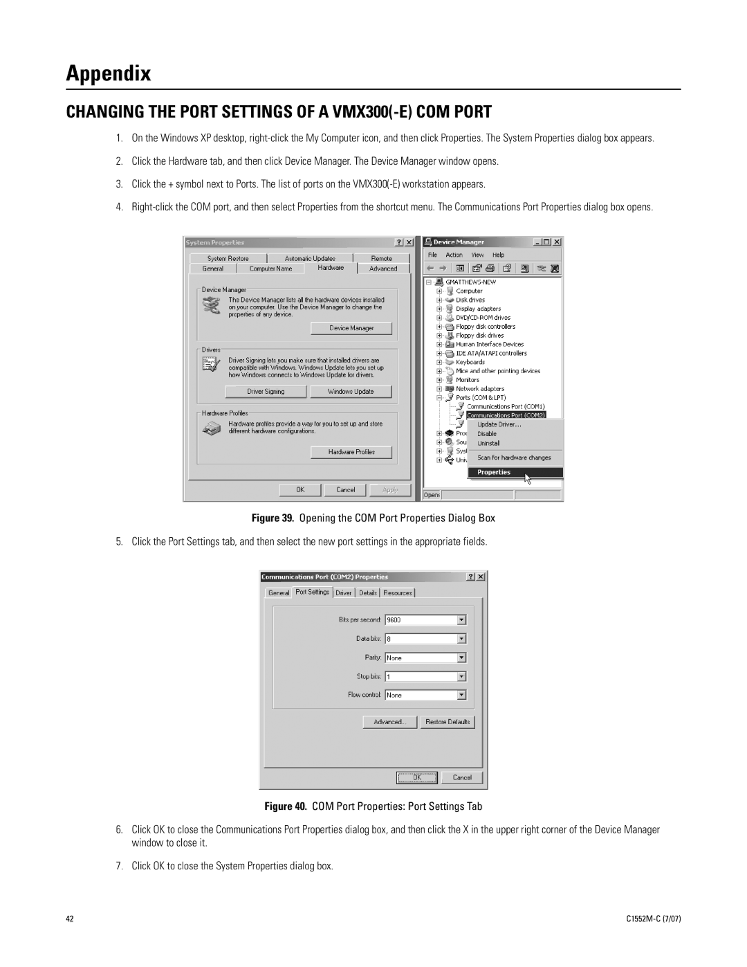 Pelco installation manual Appendix, Changing the Port Settings of a VMX300-E COM Port 