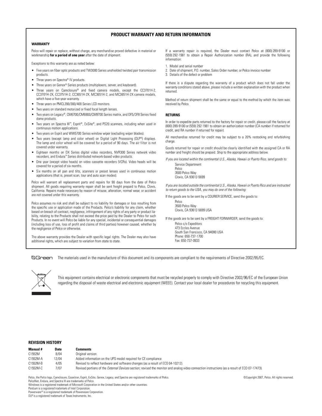 Pelco VMX300-E installation manual Product Warranty and Return Information 