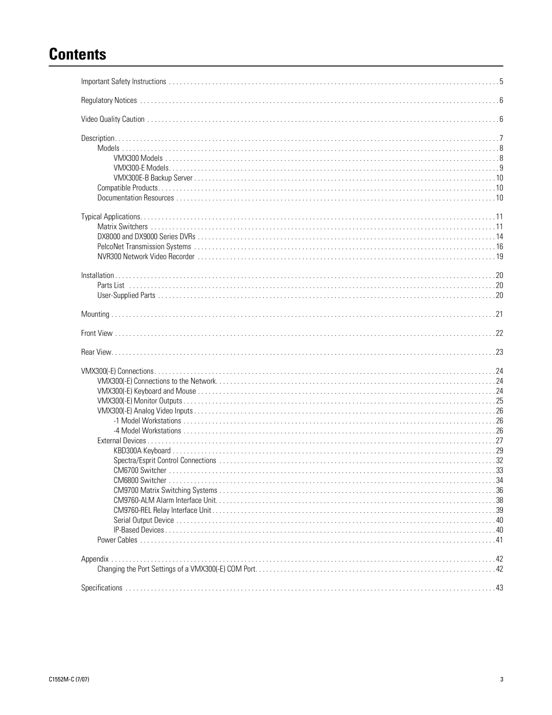 Pelco VMX300-E installation manual Contents 