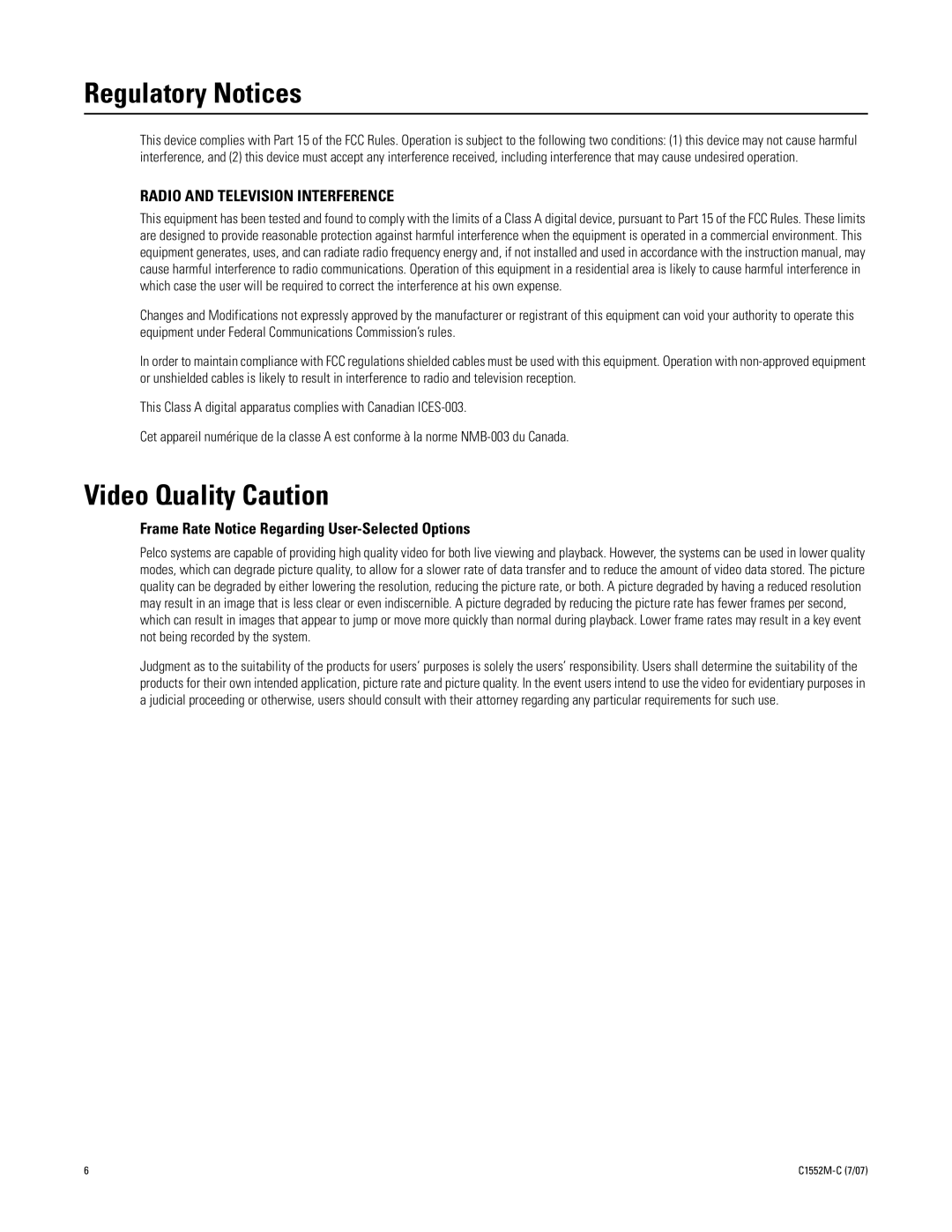 Pelco VMX300 installation manual Regulatory Notices, Video Quality Caution 