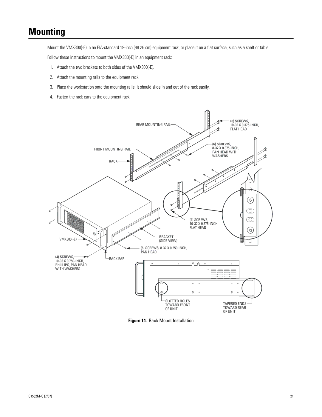 Pelco VMX300 installation manual Mounting, Rack Mount Installation 