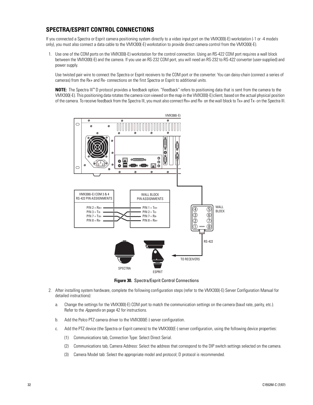 Pelco VMX300 SPECTRA/ESPRIT Control Connections, Communications tab, Connection Type Select Direct Serial 