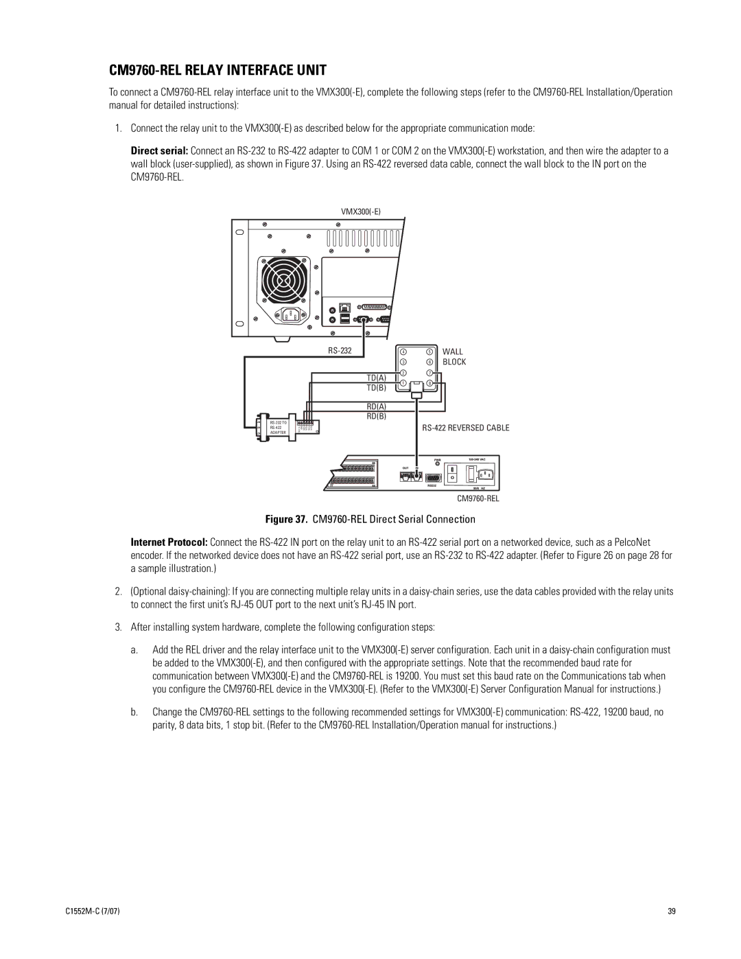 Pelco VMX300 installation manual CM9760-REL Relay Interface Unit, RDA RDB RS-422 Reversed Cable 