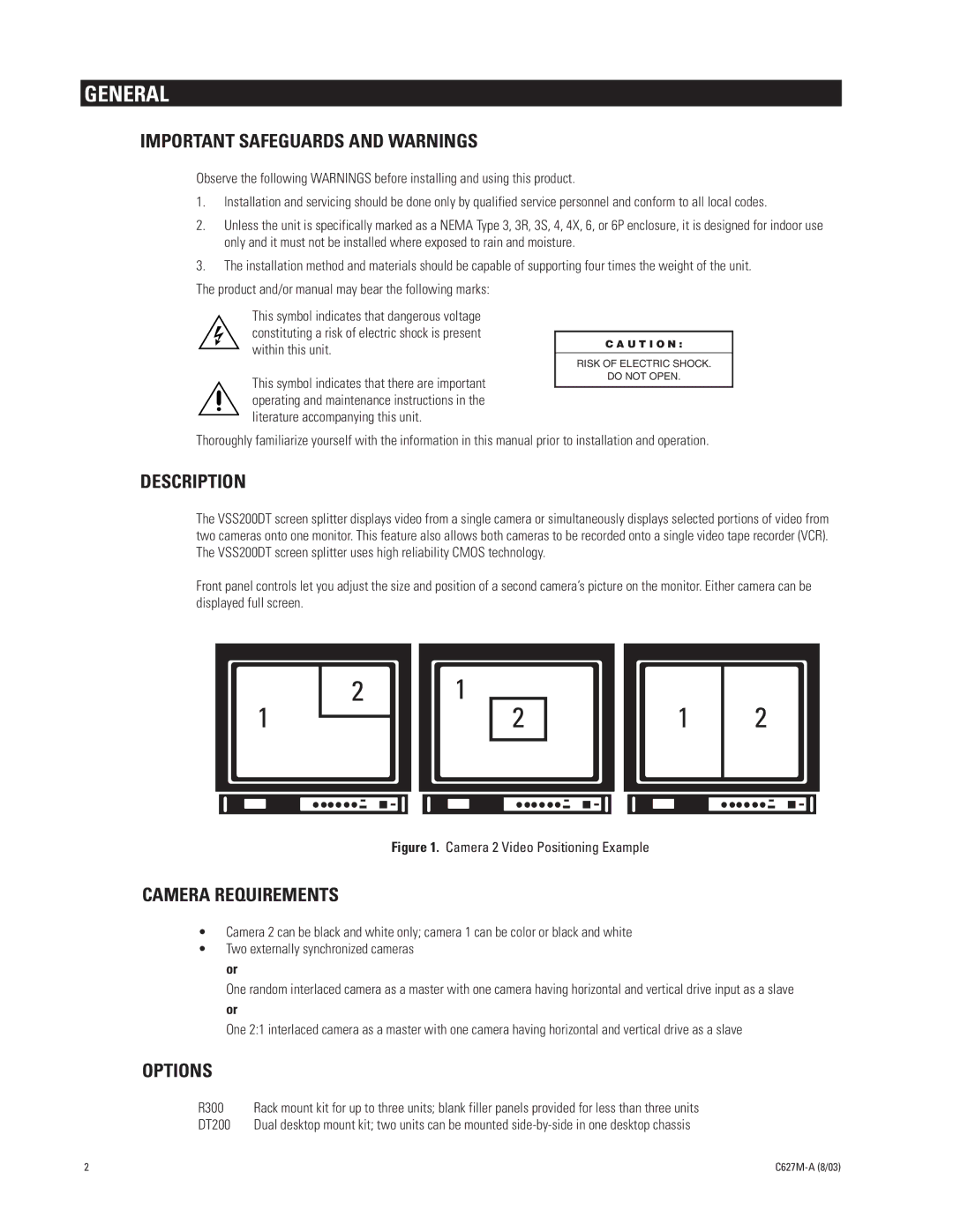 Pelco VSS200DT manual General, Important Safeguards and Warnings, Description, Camera Requirements, Options 