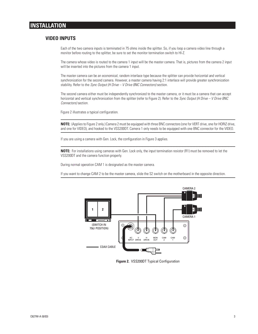 Pelco VSS200DT manual Installation, Video Inputs 