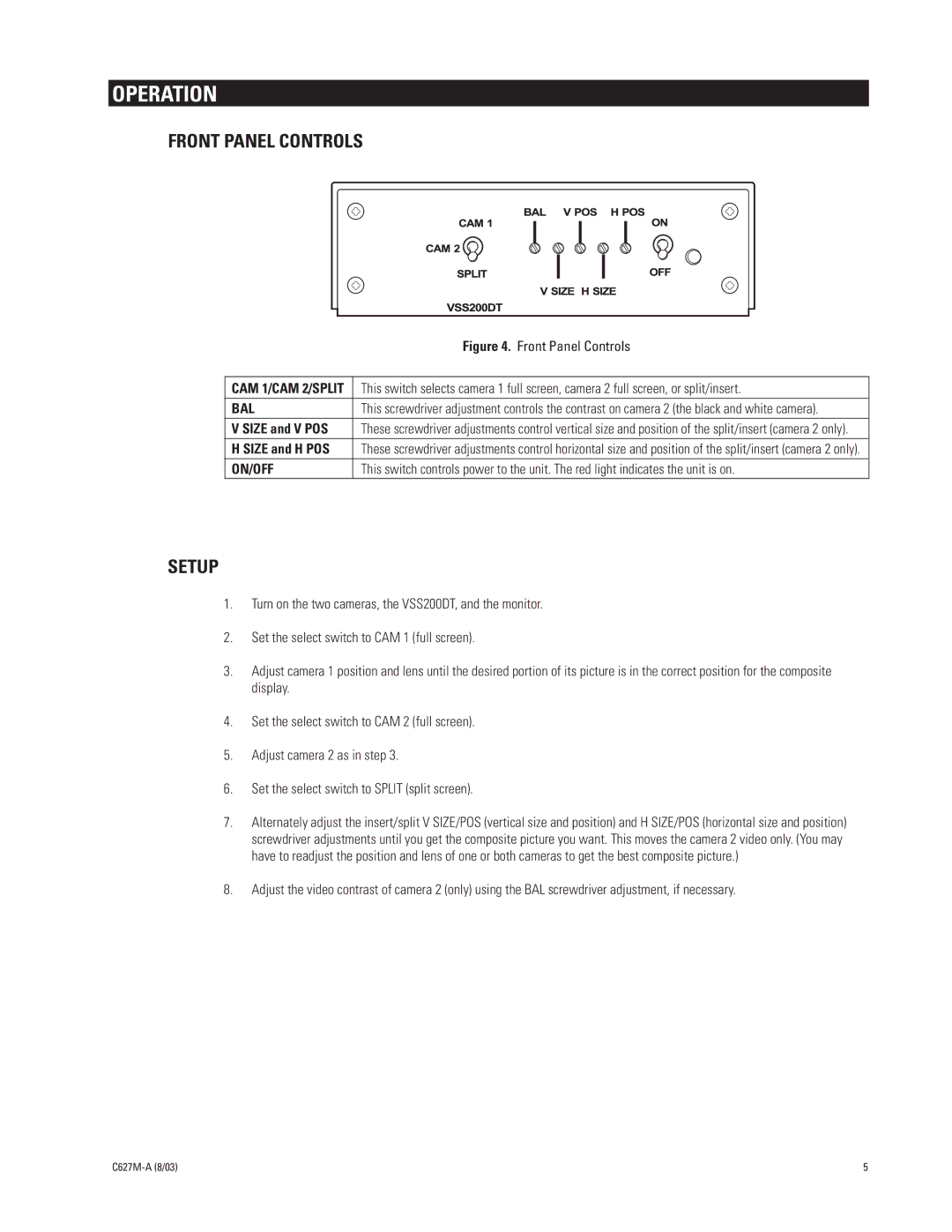 Pelco VSS200DT manual Operation, Front Panel Controls, Setup, Bal, On/Off 