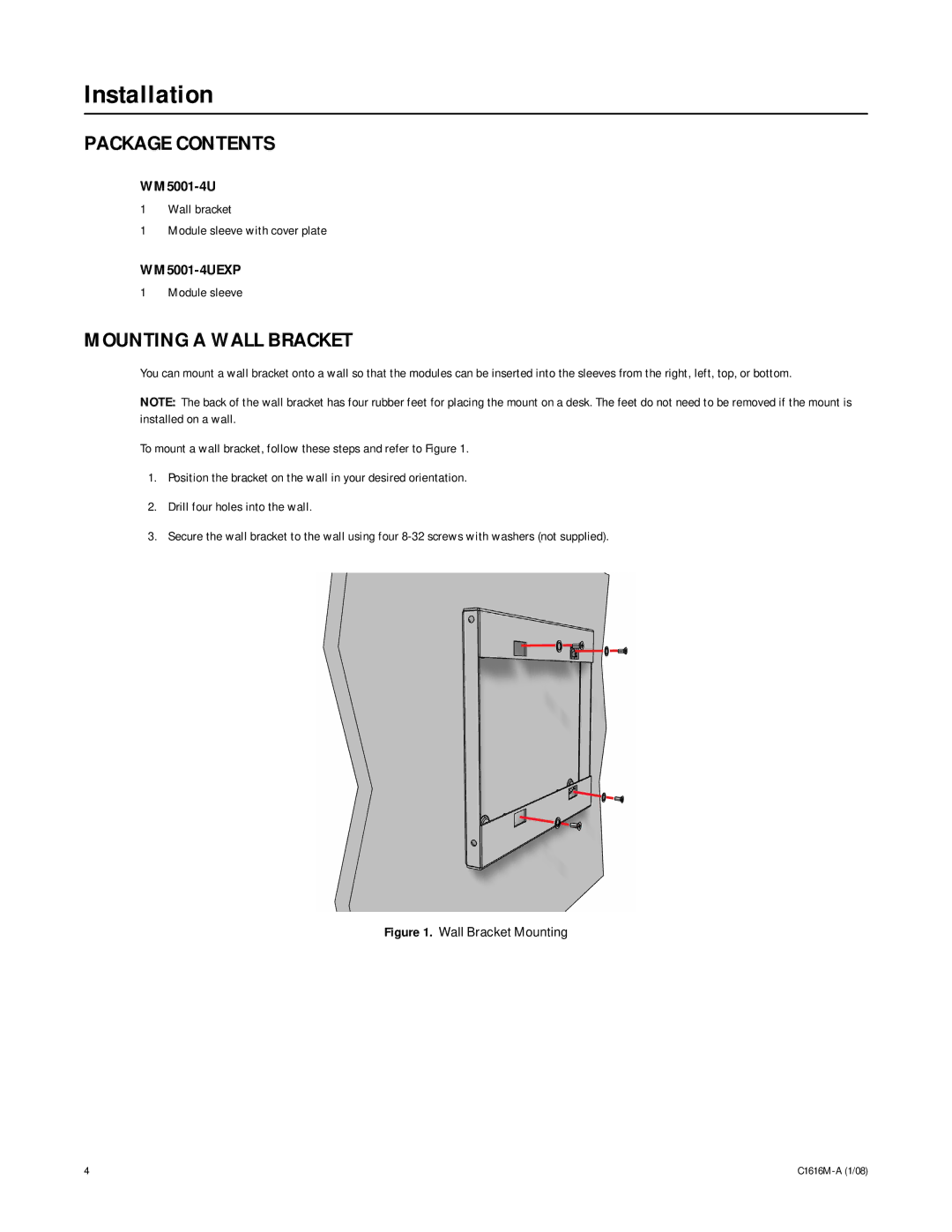 Pelco W M 5000 Series manual Installation, Package Contents, Mounting a Wall Bracket 