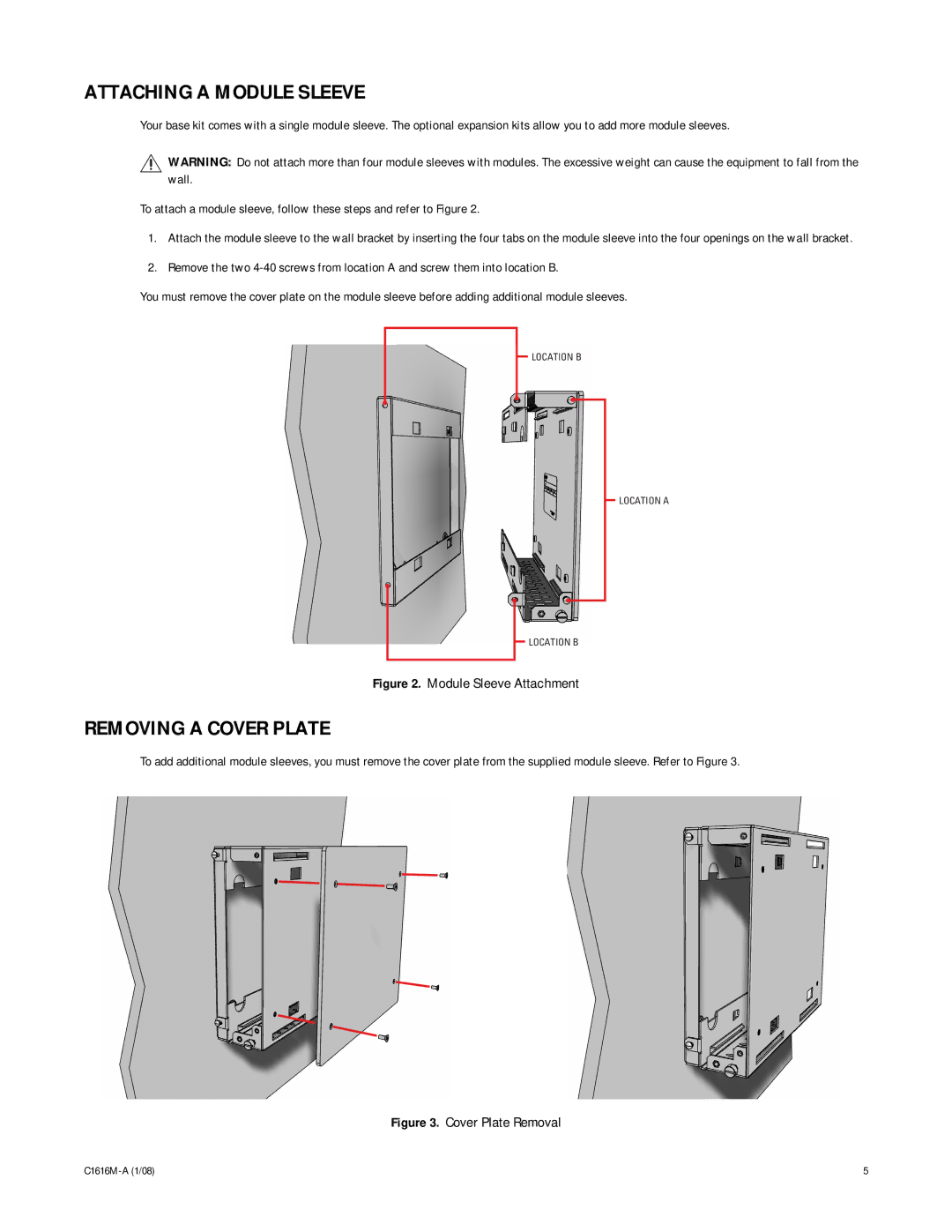 Pelco W M 5000 Series manual Attaching a Module Sleeve, Removing a Cover Plate 