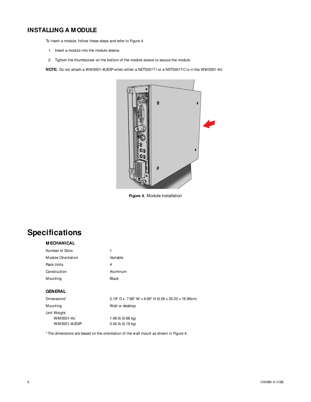 Pelco W M 5000 Series manual Specifications, Installing a Module, Mechanical, General 