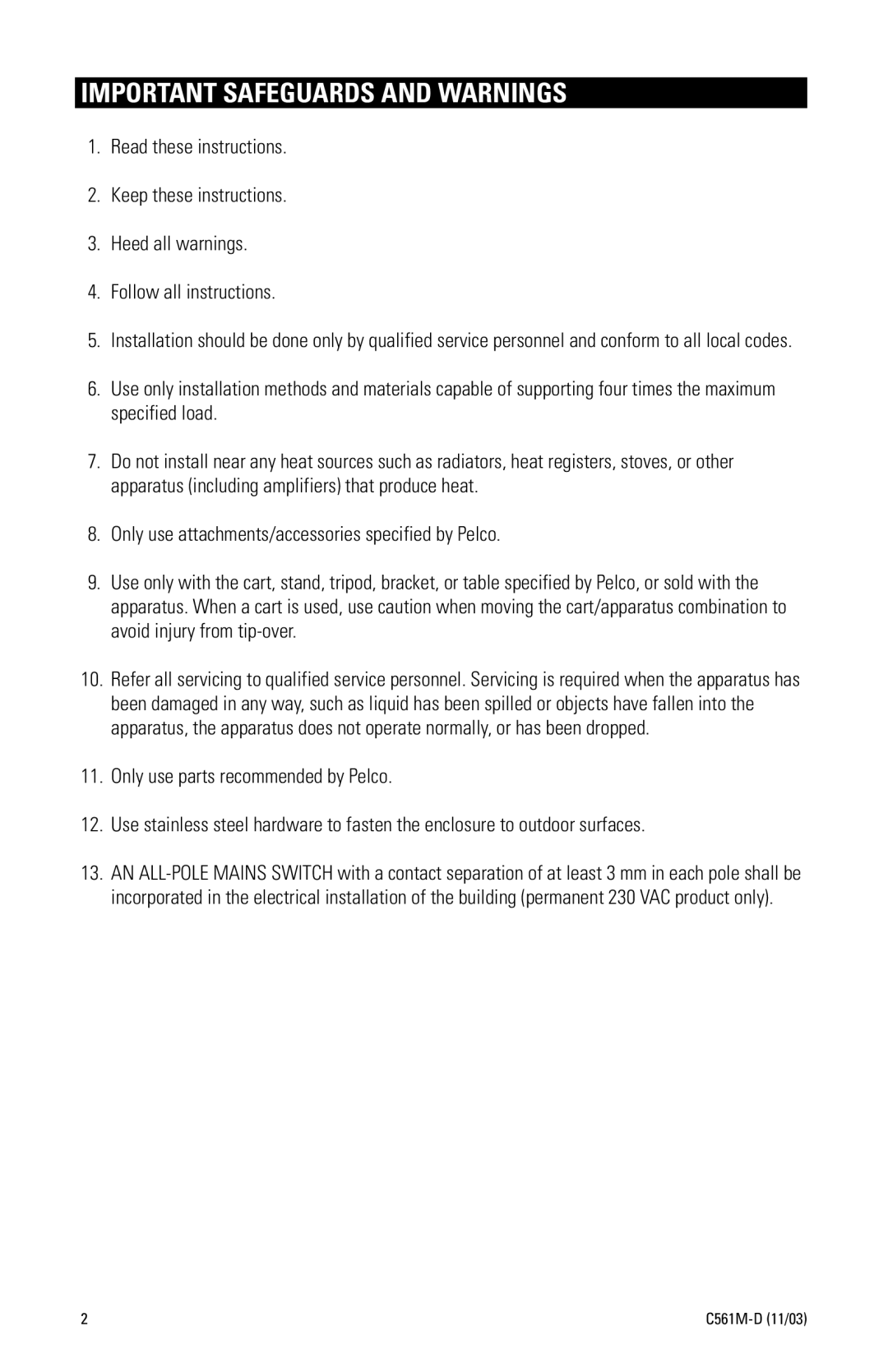 Pelco WCSI-4 manual Important Safeguards and Warnings 