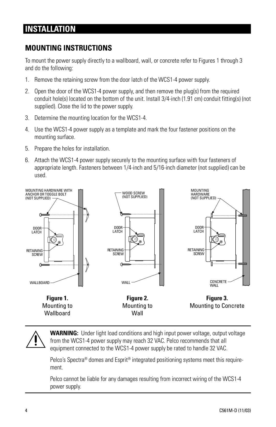 Pelco WCSI-4 manual Installation, Mounting Instructions 