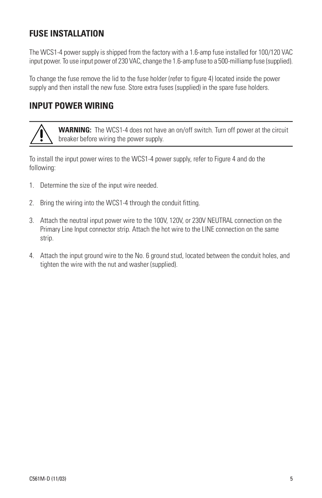 Pelco WCSI-4 manual Fuse Installation, Input Power Wiring 