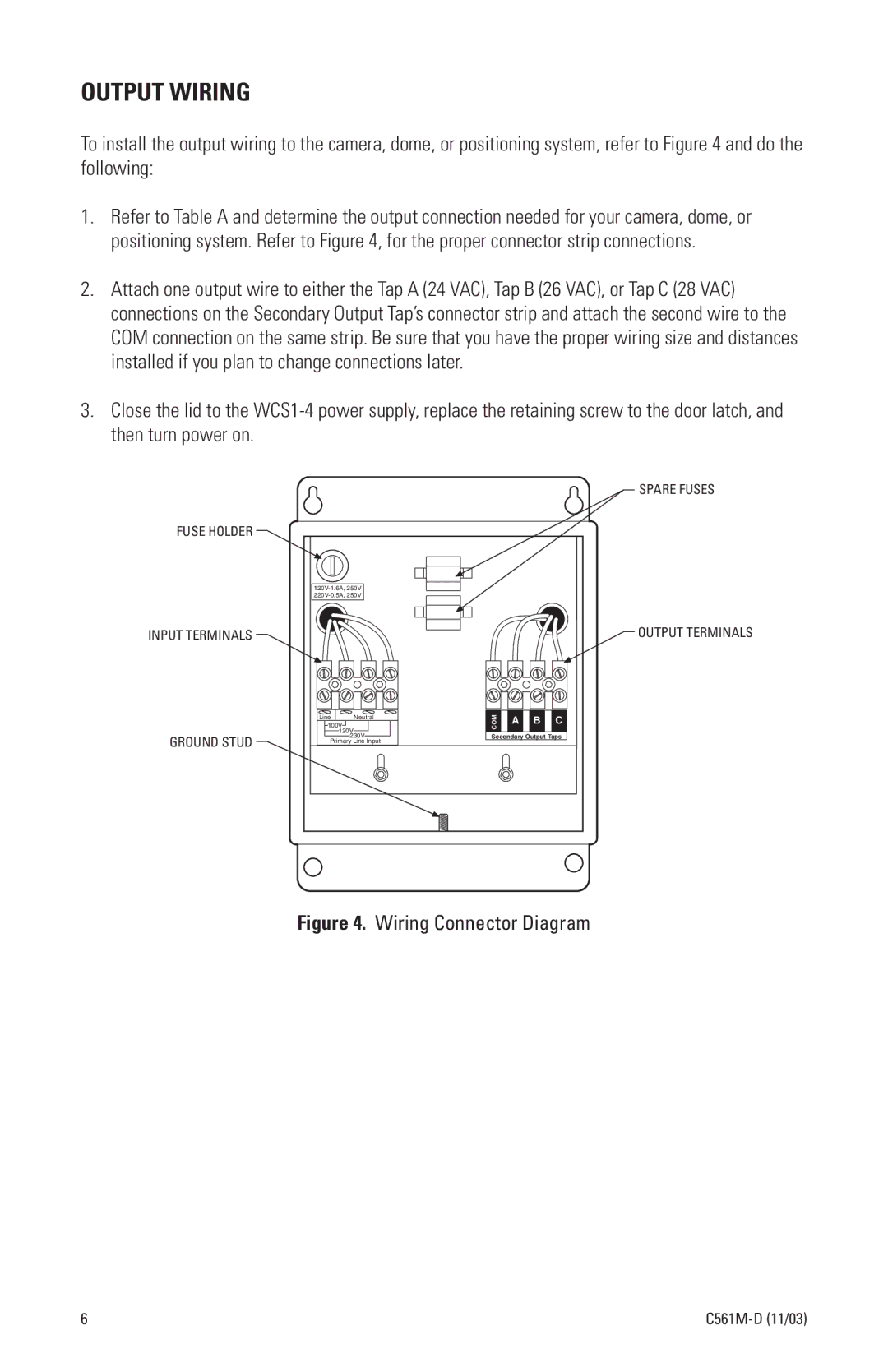 Pelco WCSI-4 manual Output Wiring, Fuse Holder Input Terminals Ground Stud Spare Fuses 