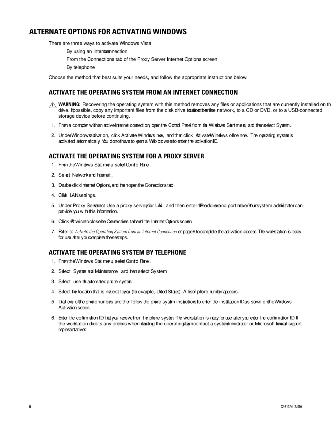 Pelco WS5000 manual Alternate Options for Activating Windows, Activate the Operating System from AN Internet Connection 