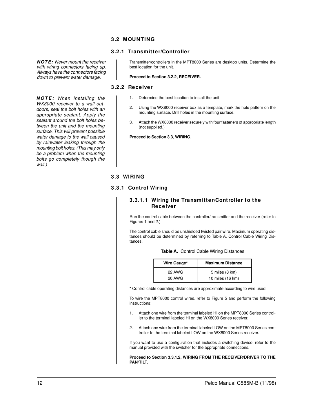 Pelco WX8000 operation manual Mounting, Transmitter/Controller, Receiver, Wiring 