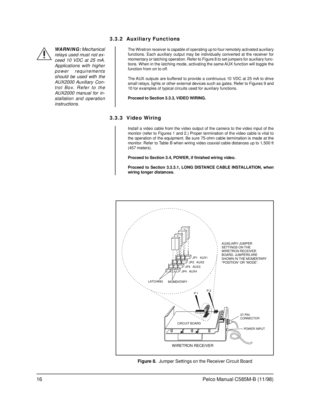 Pelco WX8000 operation manual Auxiliary Functions, Proceed to .3.3, Video Wiring 