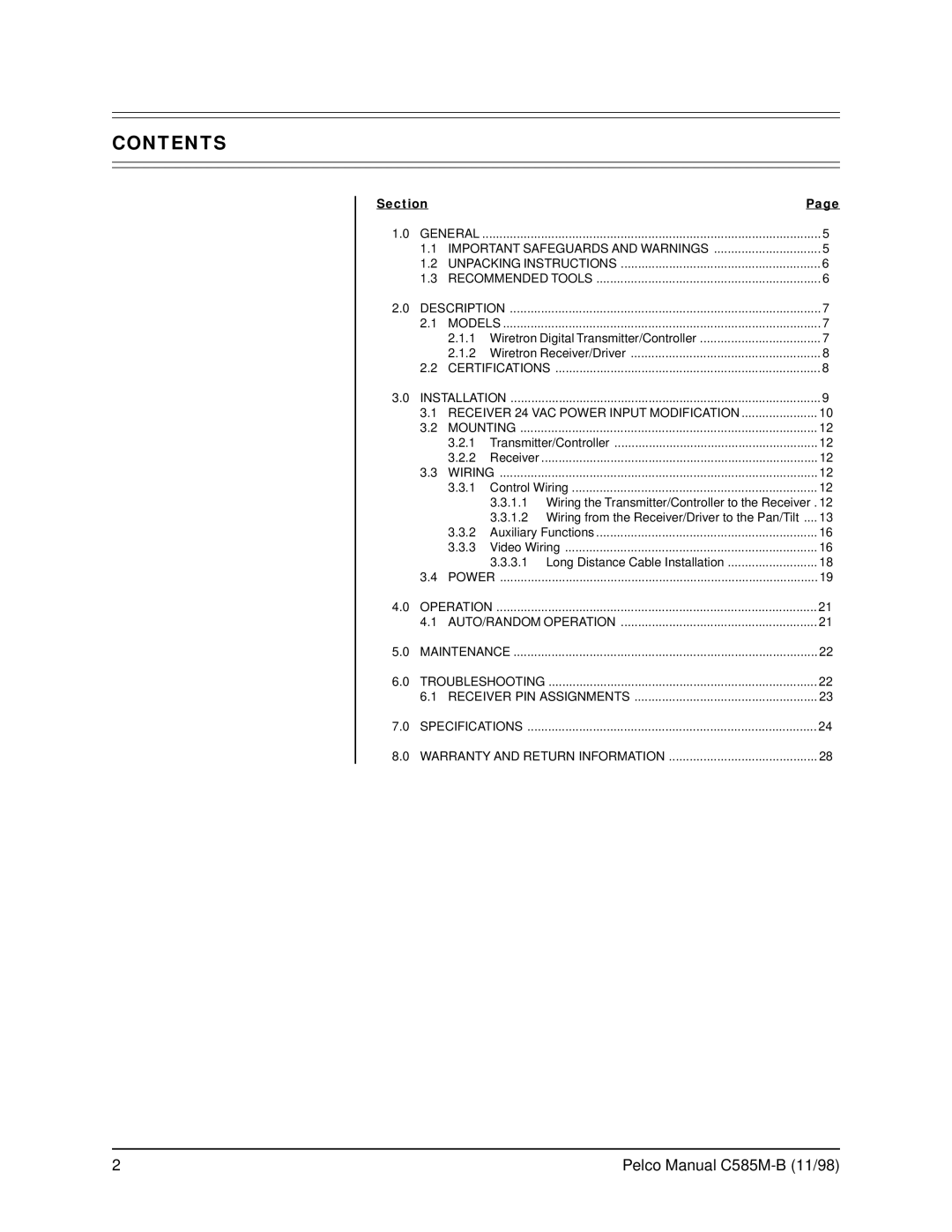 Pelco WX8000 operation manual Contents 