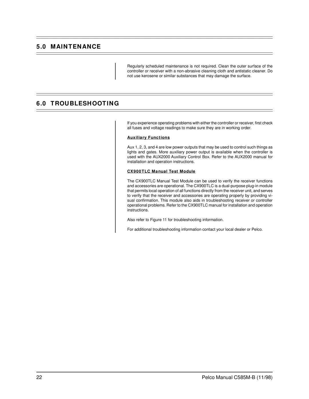 Pelco WX8000 operation manual Maintenance, Troubleshooting, Auxiliary Functions, CX900TLC Manual Test Module 