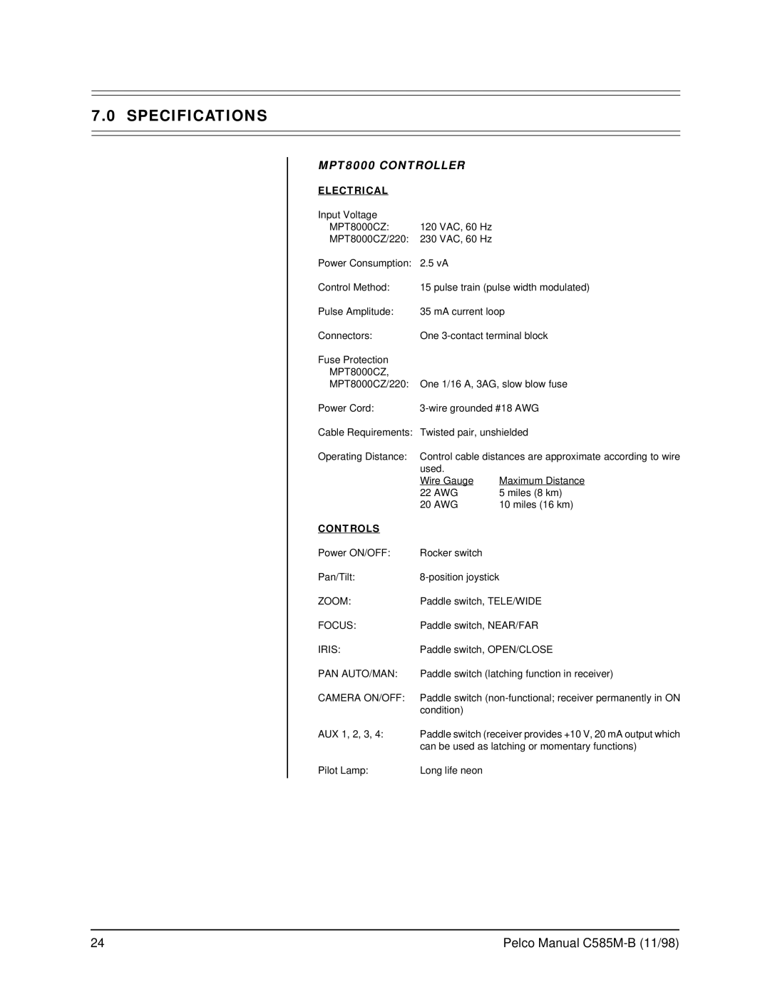 Pelco WX8000 operation manual Specifications 