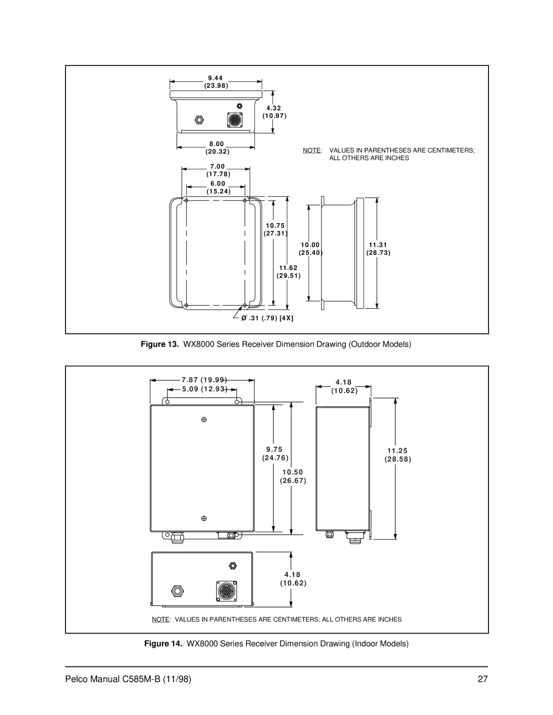 Pelco operation manual WX8000 Series Receiver Dimension Drawing Outdoor Models 