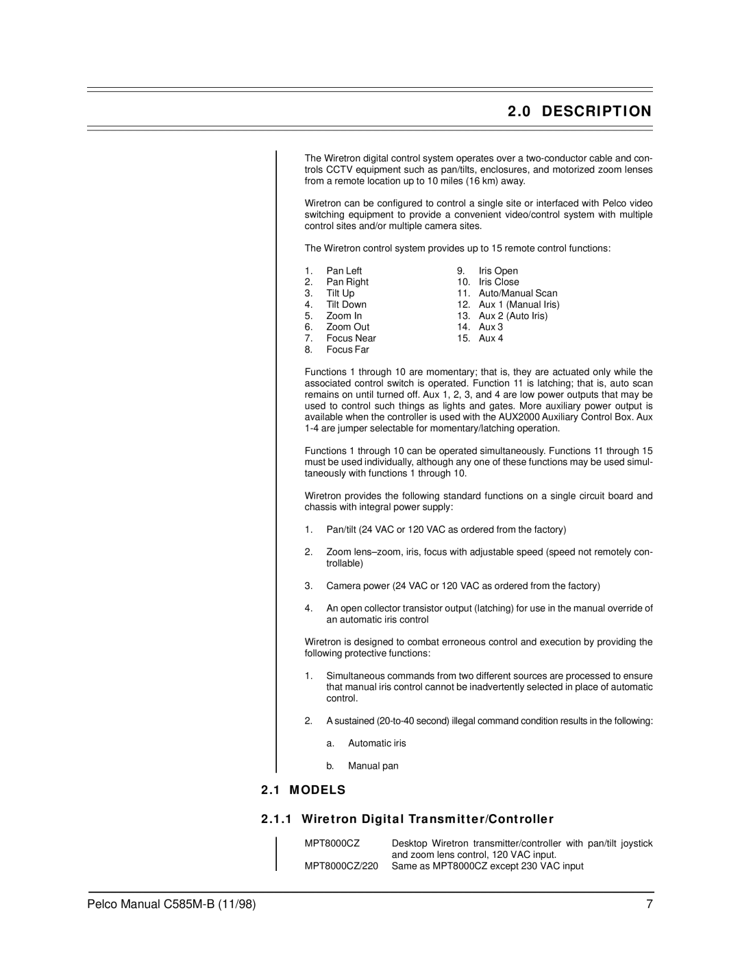 Pelco WX8000 operation manual Description, Models, Wiretron Digital Transmitter/Controller, MPT8000CZ 