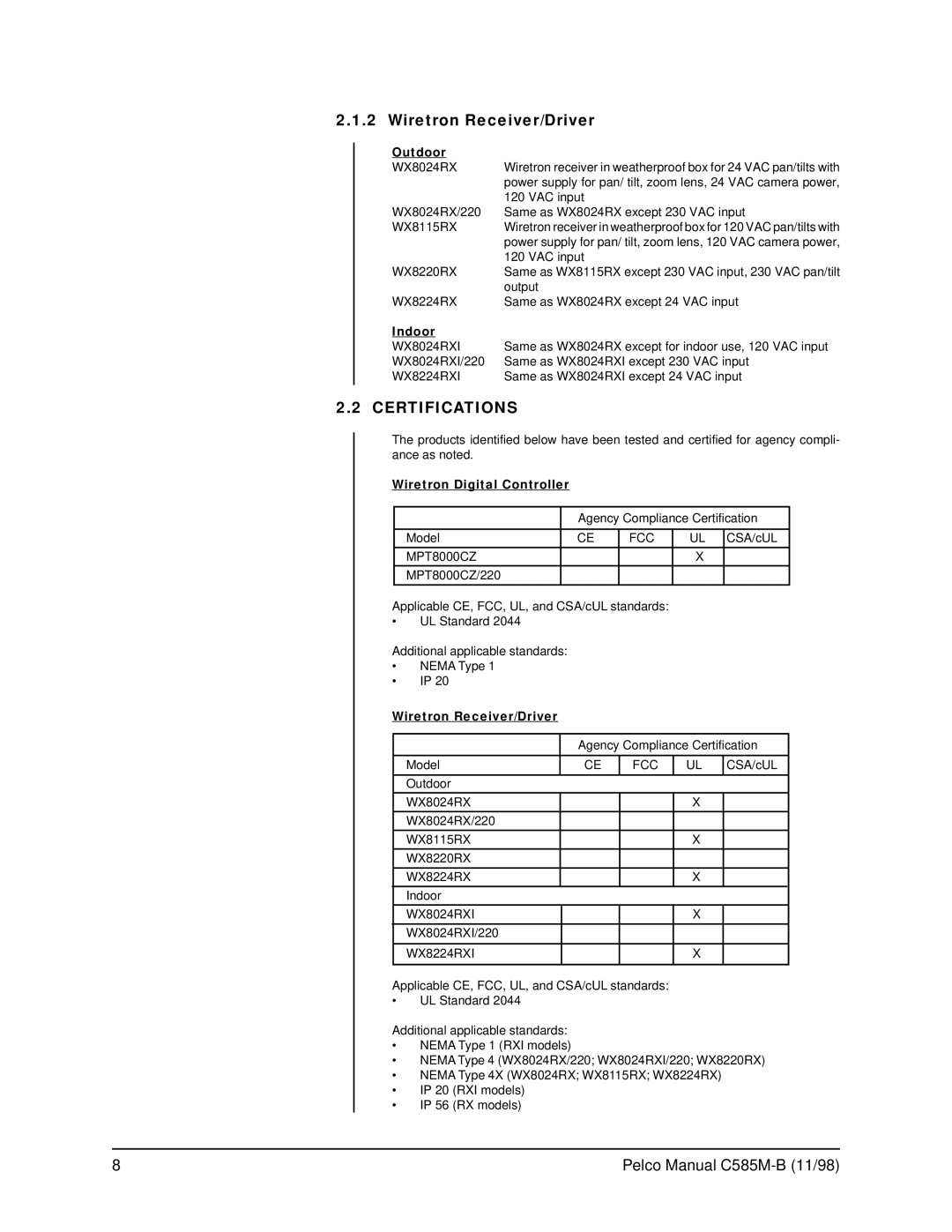 Pelco WX8000 operation manual Wiretron Receiver/Driver, Certifications 