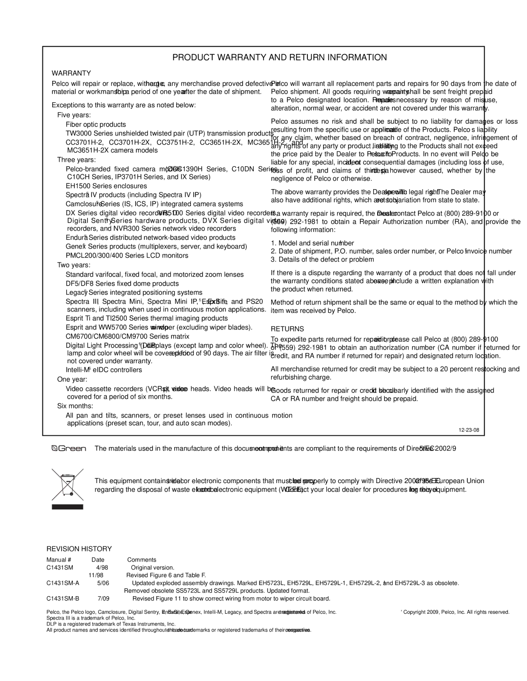 Pelco X1431SM-B (7/09) manual Product Warranty and Return Information 