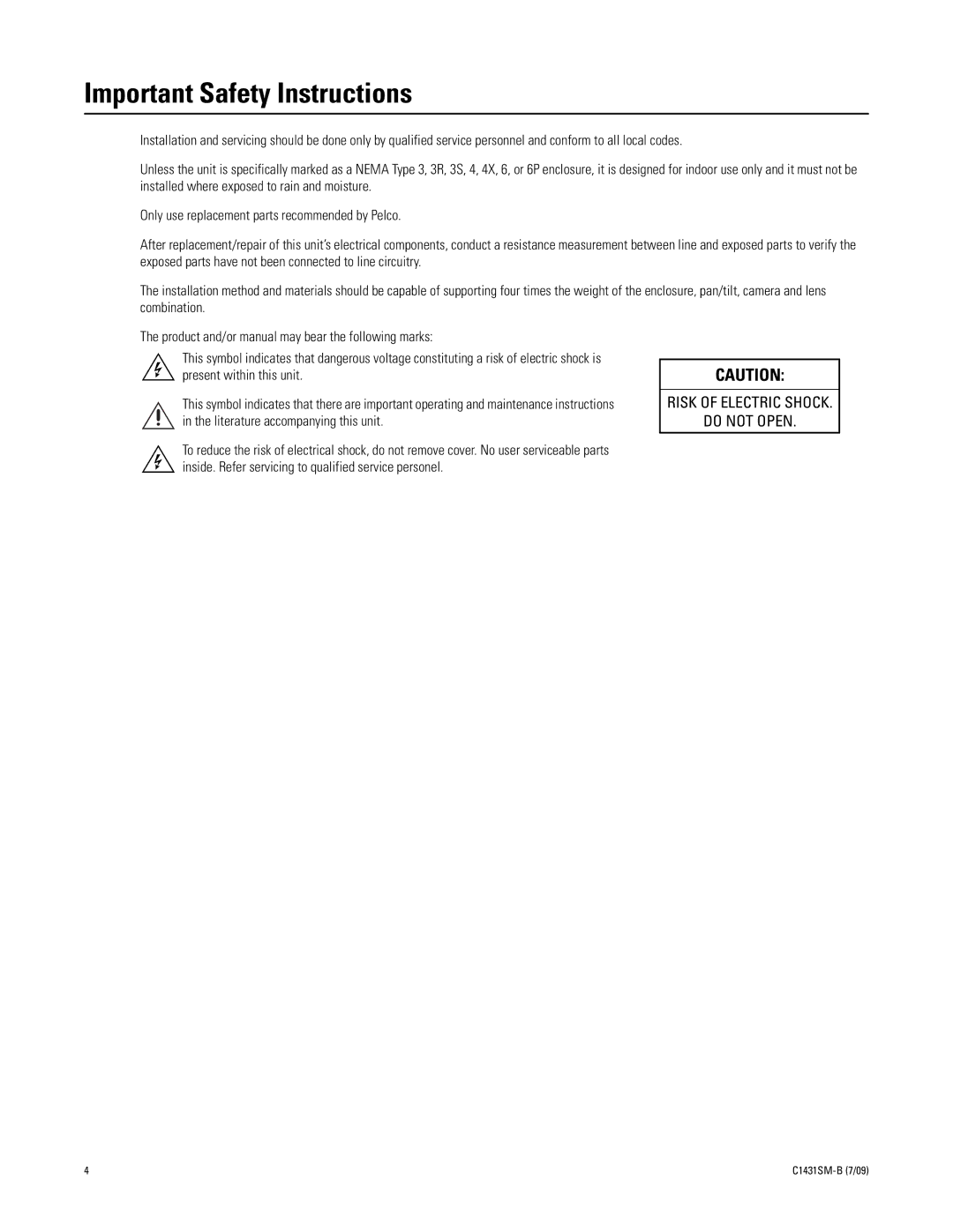 Pelco X1431SM-B (7/09) manual Important Safety Instructions 