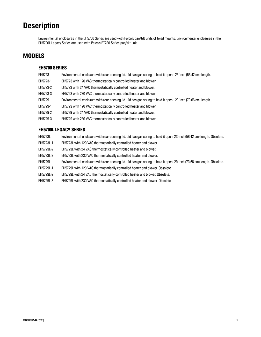 Pelco X1431SM-B (7/09) manual Description, Models, EH5700 SERIES, EH5700L LEGACY SERIES 