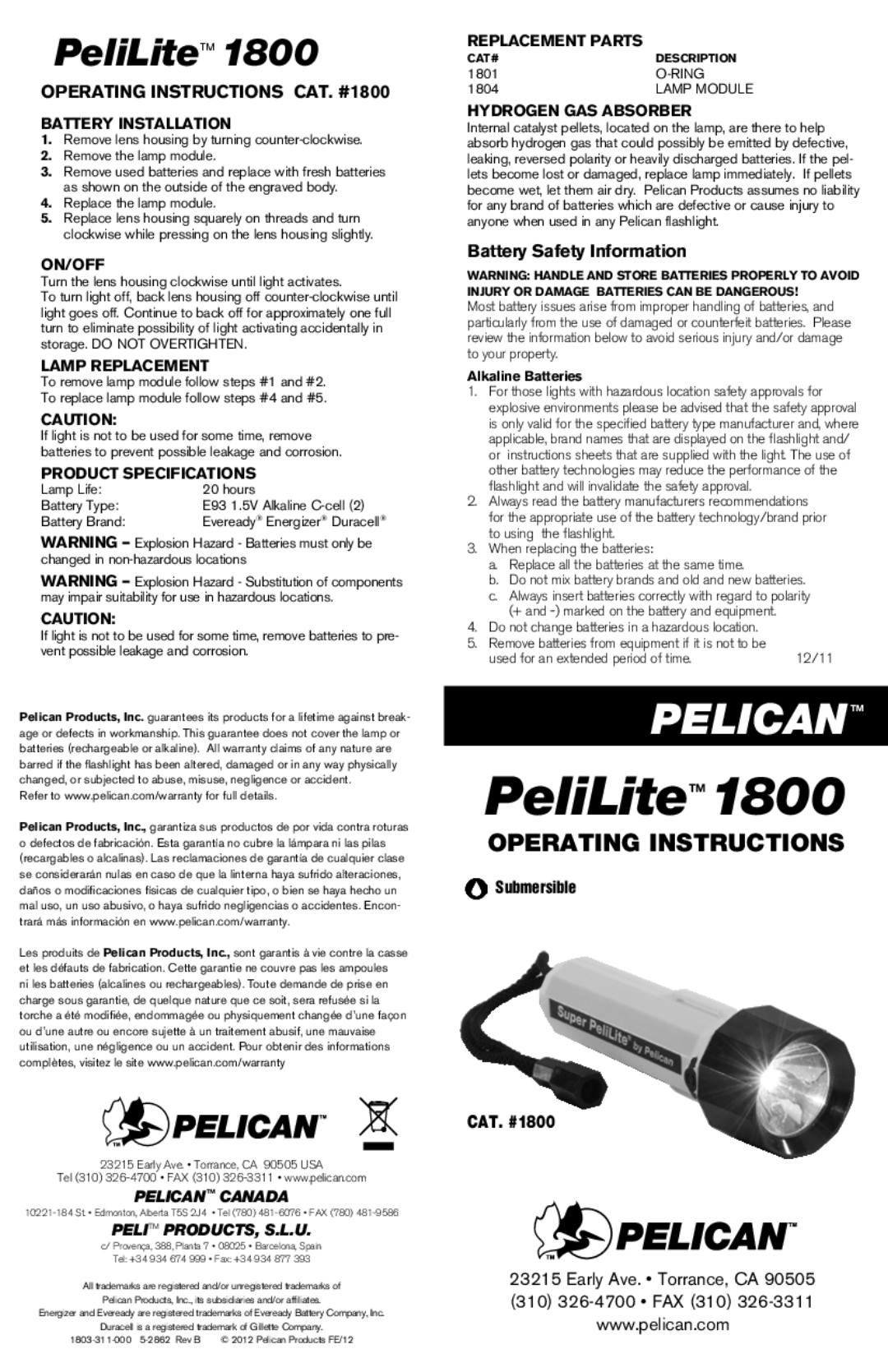 Pelican 1800 specifications Battery Installation, On/Off, Lamp Replacement, Product Specifications, Replacement Parts 