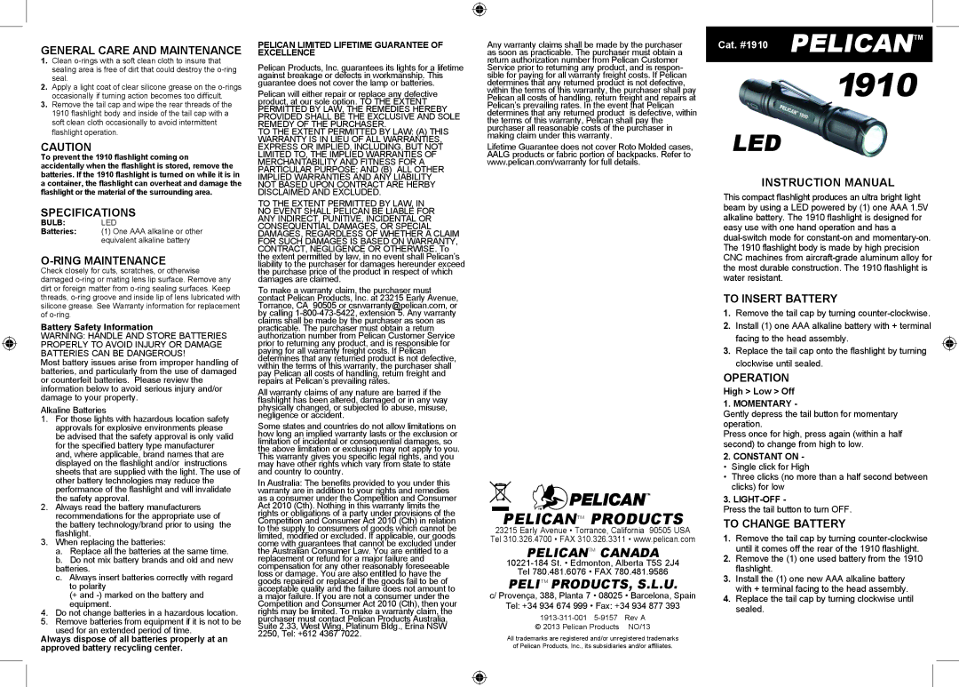 Pelican 1910 instruction manual General Care and Maintenance, Specifications, Ring Maintenance, To Insert Battery 