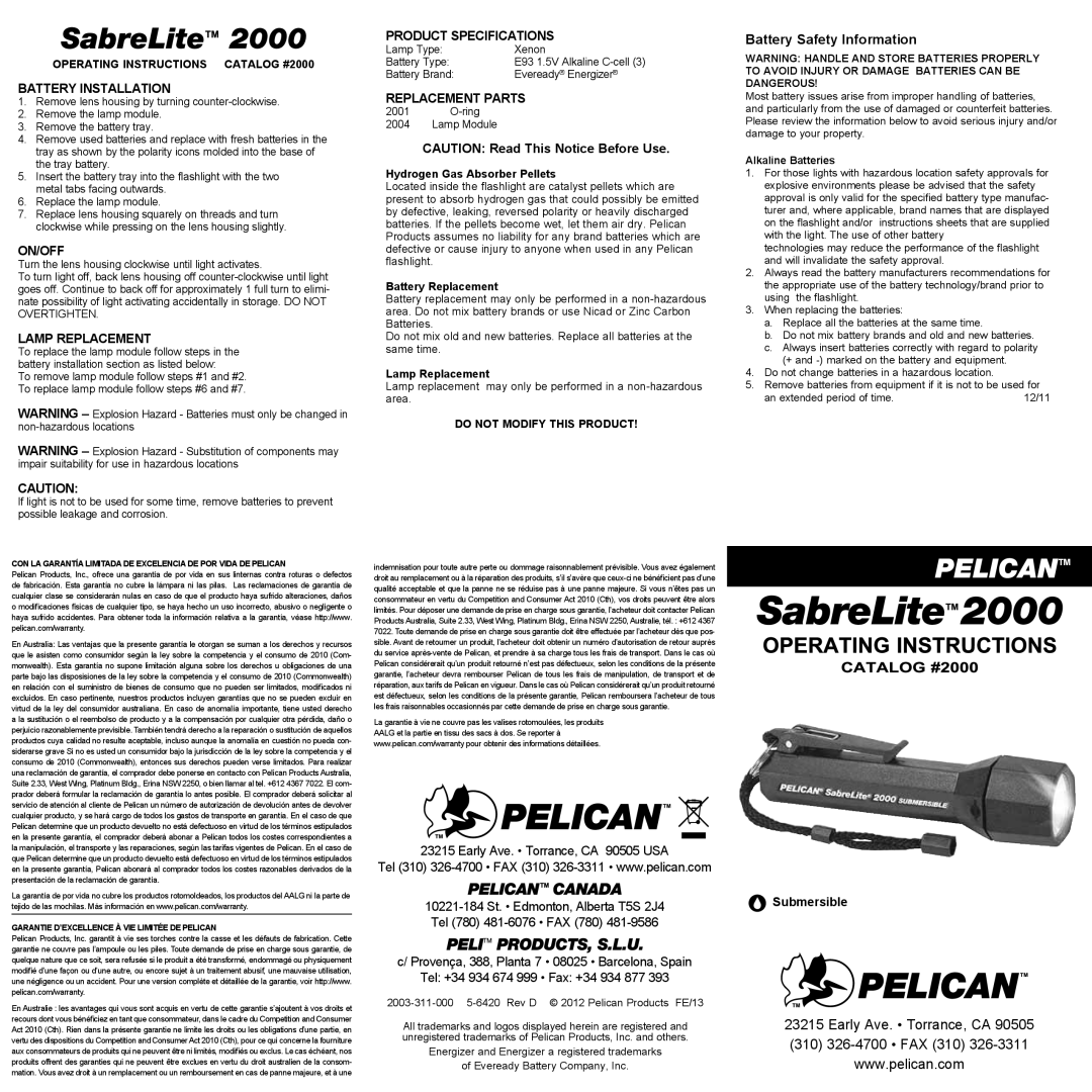 Pelican 2000 specifications Battery Installation, On/Off, Lamp Replacement, Product Specifications, Replacement Parts 