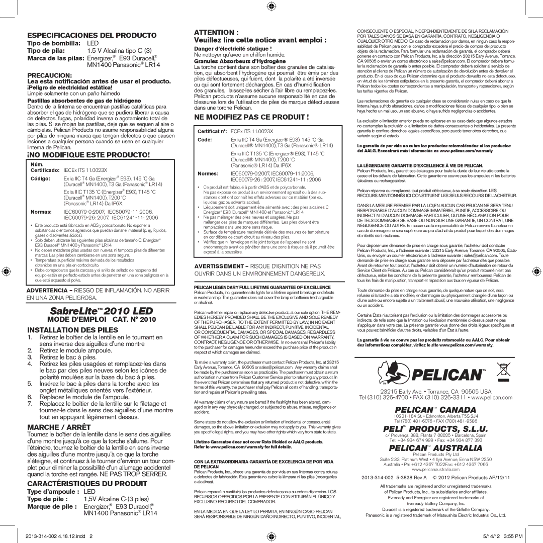 Pelican 2010 LED Especificaciones DEL Producto, ¡NO Modifique Este Producto, Mode D’EMPLOI CAT. N Installation DES Piles 