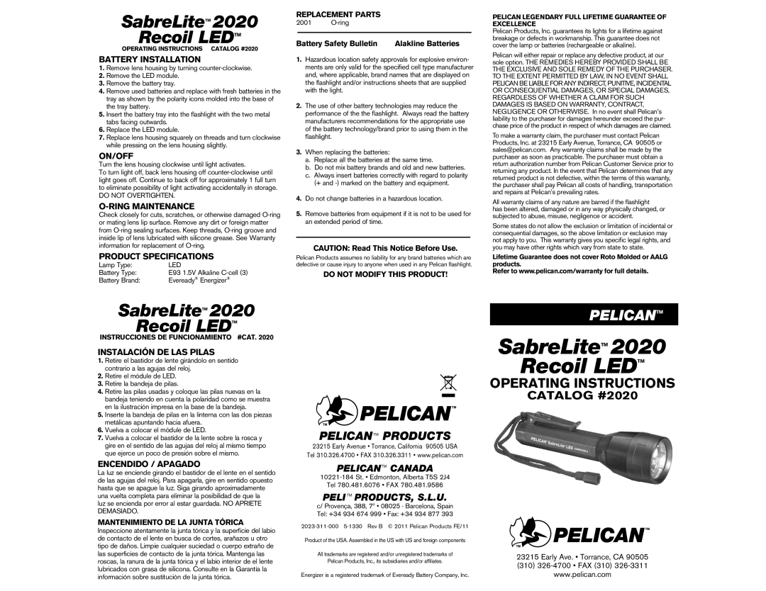 Pelican 2020 specifications Battery Installation, On/Off, Ring Maintenance, Product Specifications, Encendido / Apagado 