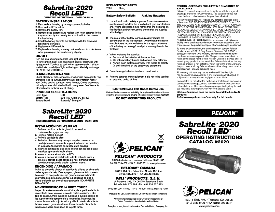 Pelican 2020 specifications Battery Installation, On/Off, O-Ringmaintenance, Product Specifications, Encendido / Apagado 