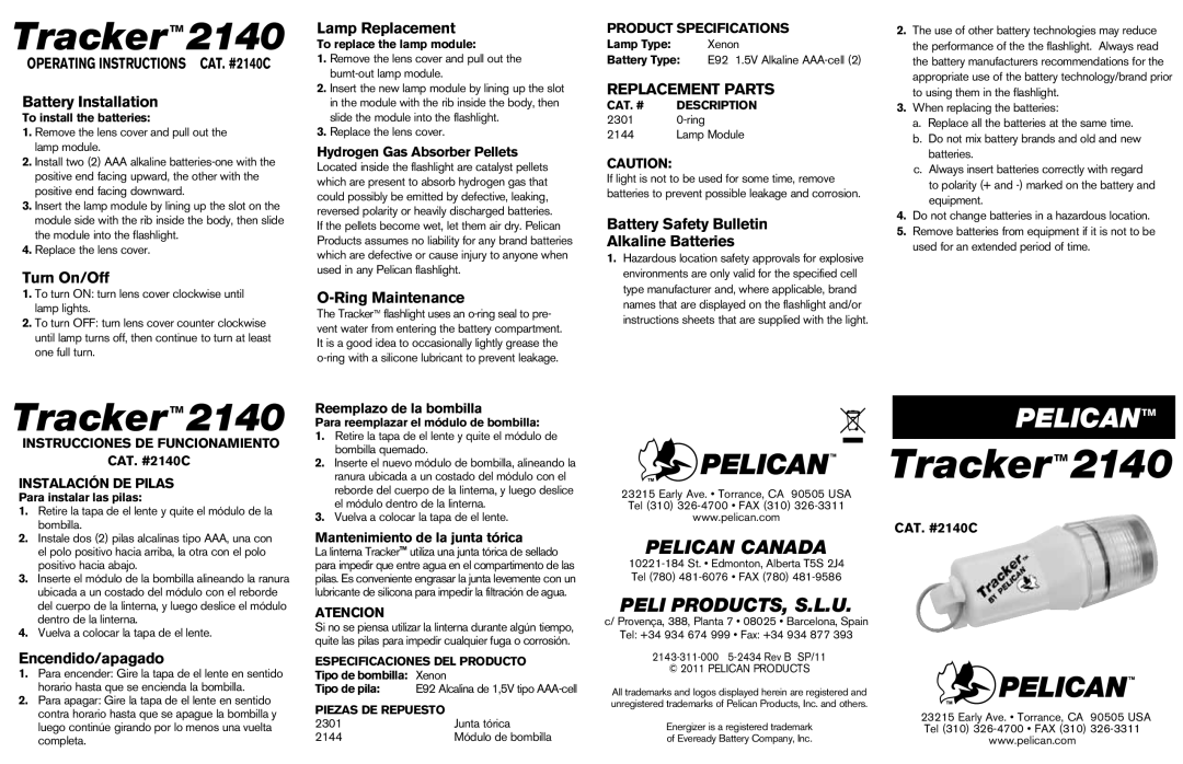 Pelican 2140C specifications Battery Installation, Turn On/Off, Lamp Replacement, Ring Maintenance, Encendido/apagado 